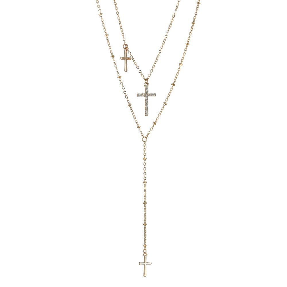 Fashion Retro Multi-layer Necklace Simple Golden Rhinestone Cross