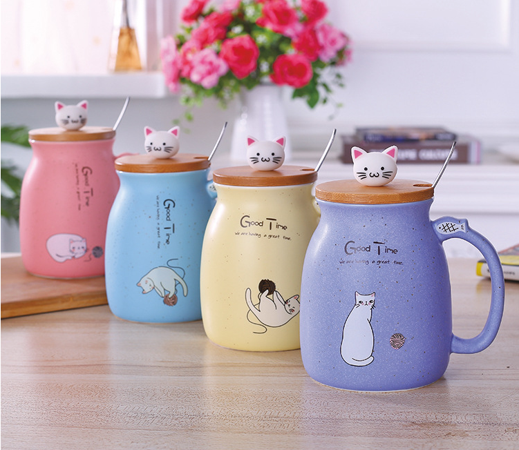 450ml Cartoon Ceramics Cat Mug With Lid and Spoon Coffee Milk Tea Mugs Breakfast Cup Drinkware Novelty Gifts