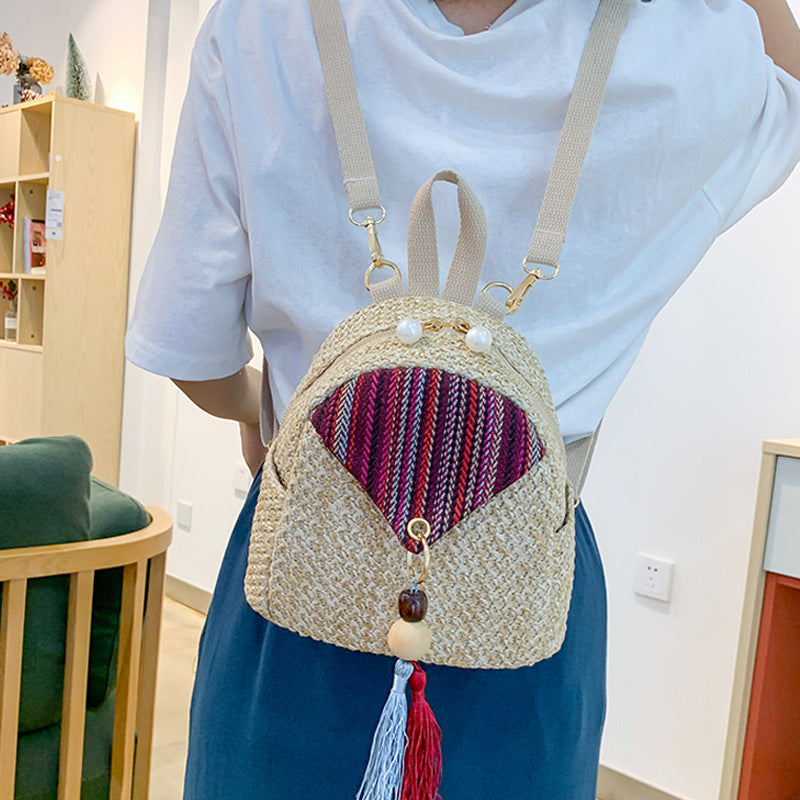 Straw Backpack Mini Ethnic Style Tassel Pouch