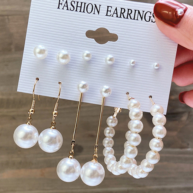 Fashion Gold Hoop Earrings Ladies Pearl Punk Set