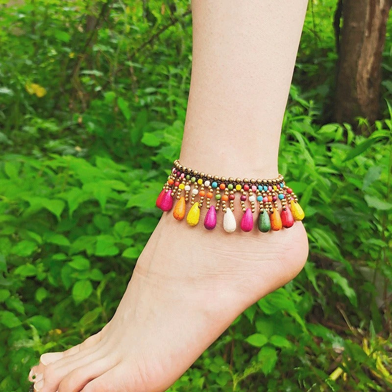 Bohemian Style Semi-precious Stone Water Drop Copper Bead Hand-woven Beach Anklet