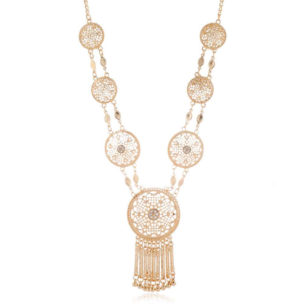 Palace Retro Carved Long Hollow Tassel Necklace And Earring Set