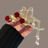 Red Rose Butterfly Tassel Barrettes Back Head Large Grip