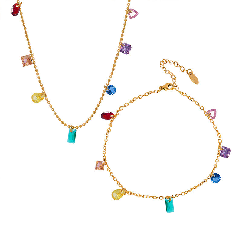 Rainbow Diamond Zircon Non-fading Electroplated 18K Gold Bracelet Necklace Jewelry Set