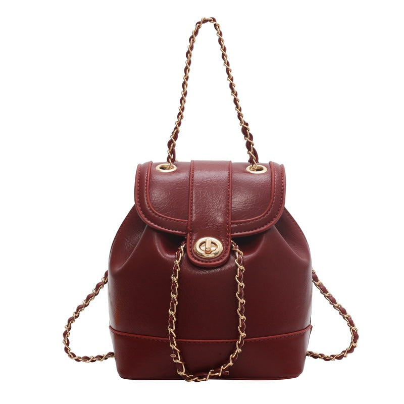 Women's Chain Backpack One Shoulder Retro Oily Bucket Bag