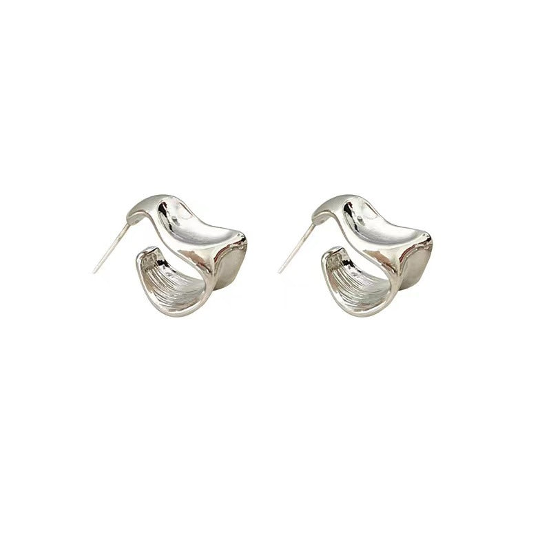 925 Silver Needle Geometric Curved Metal Earrings High Sense