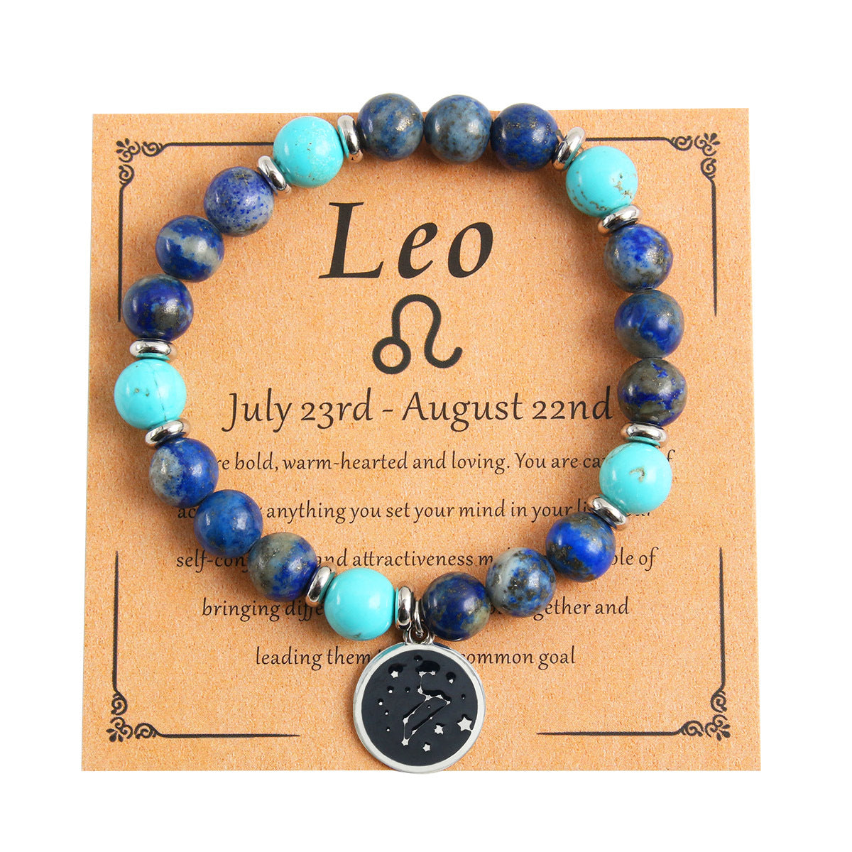 Twelve Constellation Round Stainless Steel Pendant Natural Stone Beaded Bracelet