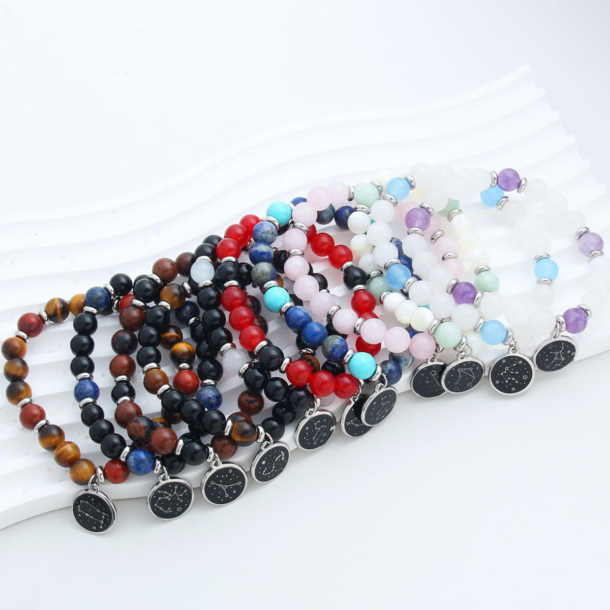 Twelve Constellation Round Stainless Steel Pendant Natural Stone Beaded Bracelet