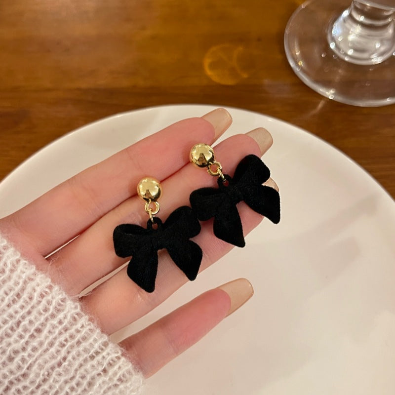 Wine Red Flocking Bow Stud Earrings Women's