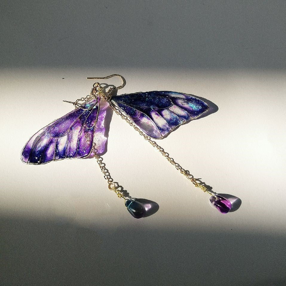 Handmade Copper Wire Epoxy Blue Purple Butterfly Wings Earrings