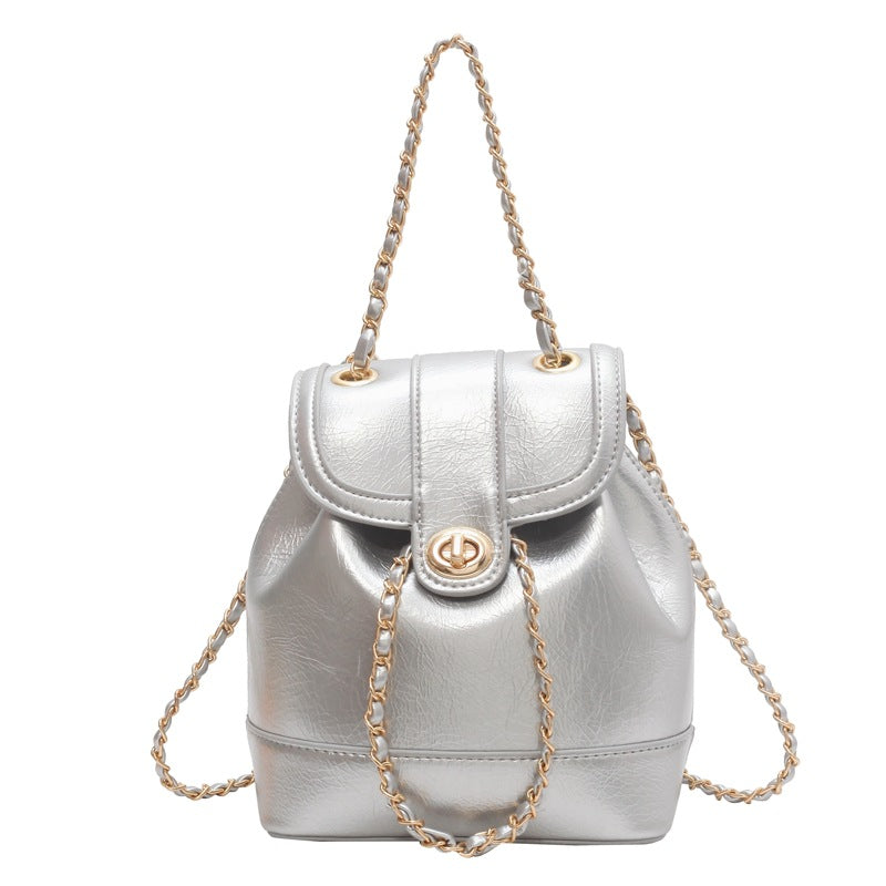 Women's Chain Backpack One Shoulder Retro Oily Bucket Bag