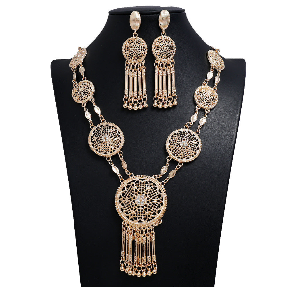 Palace Retro Carved Long Hollow Tassel Necklace And Earring Set