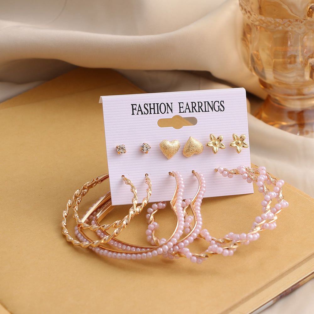 New Vintage Geometric Pearl Earrings 6-piece Set