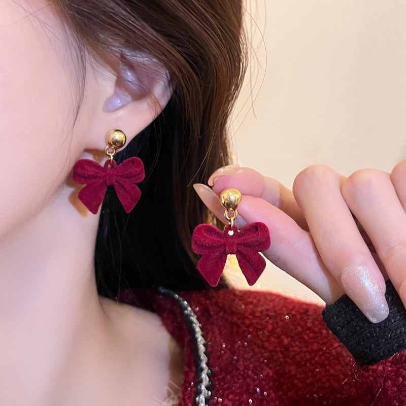 Wine Red Flocking Bow Stud Earrings Women's